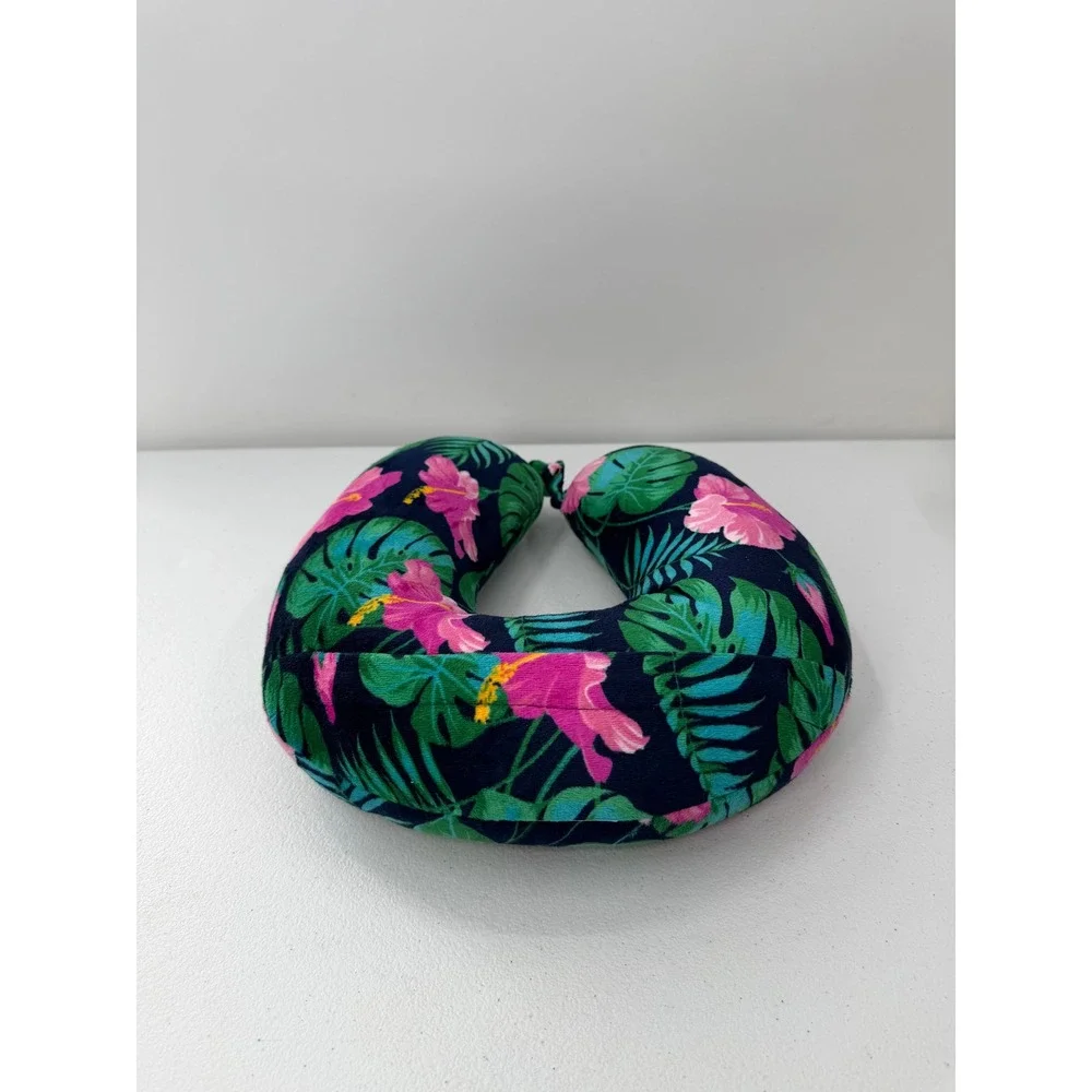 Tropical Floral Travel Neck Pillow Hibiscus Palm Leaf Navy Blue Snap Support OS